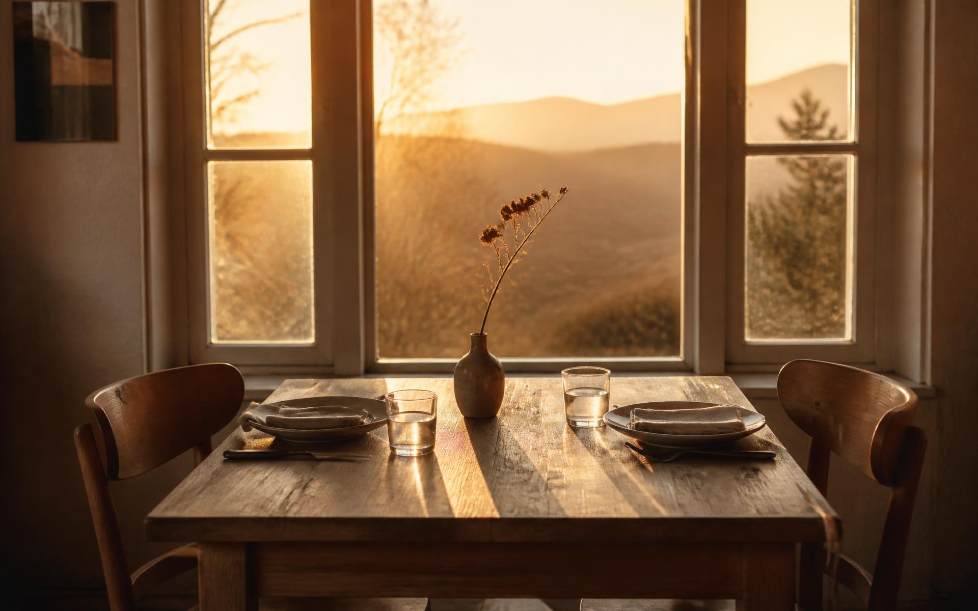 A wooden dining table set for two by a window at golden hour