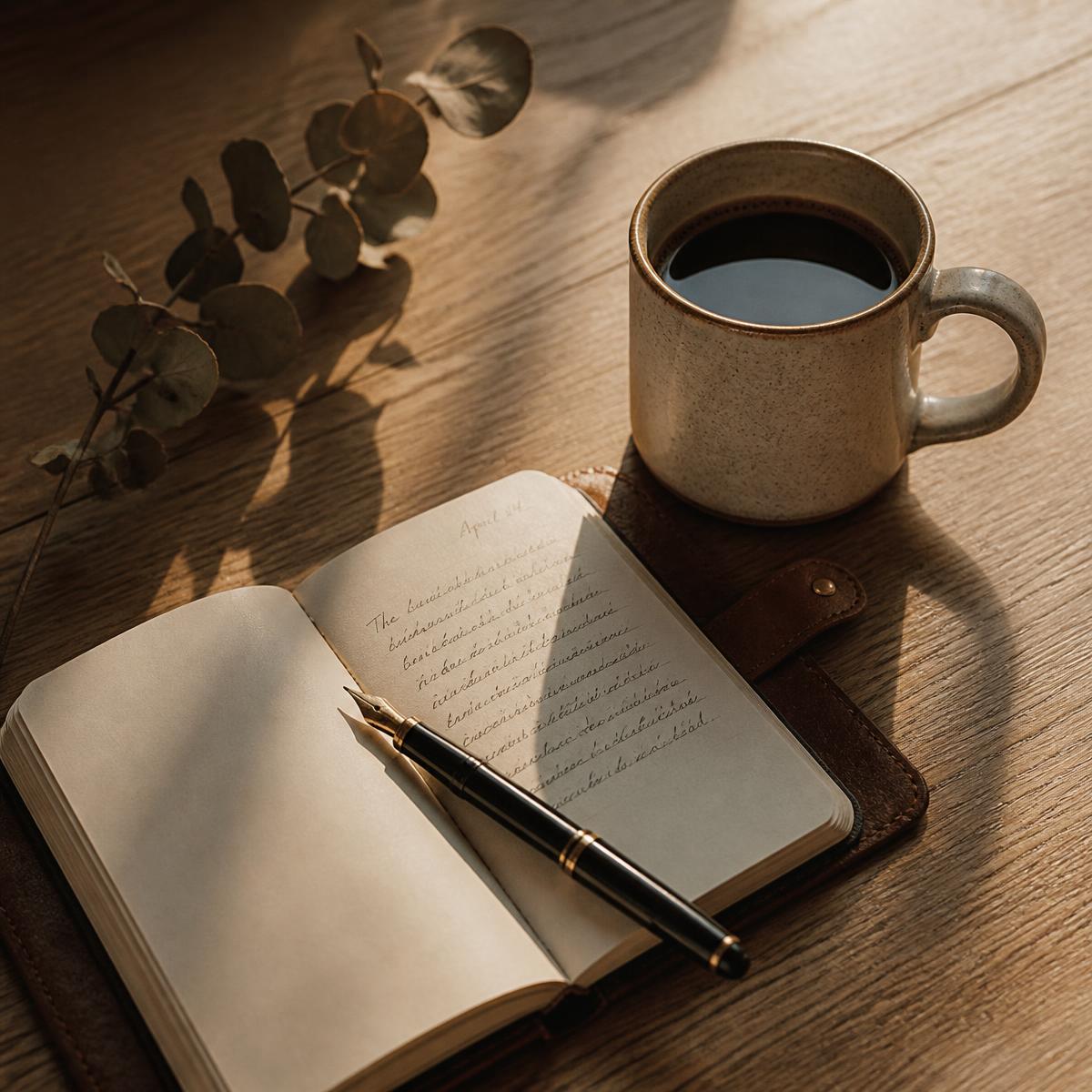 An open notebook and a stoneware mug on a wooden table in morning light