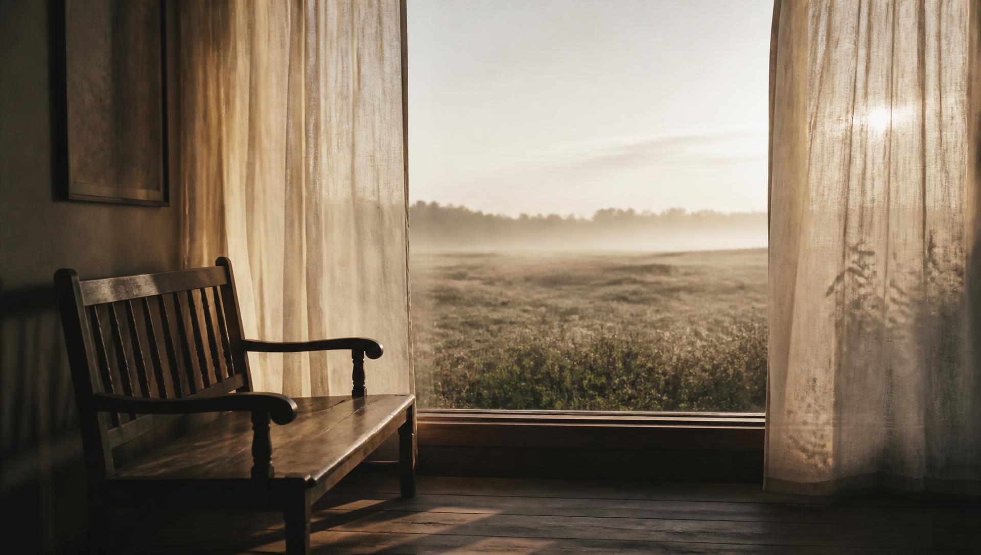An empty bench beside a window looking onto a misty field at dawn